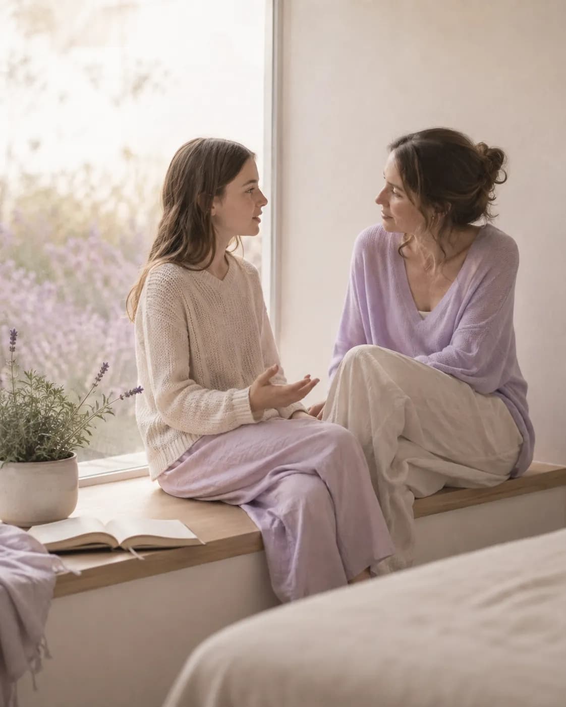 Una mujer y una adolescente conversando junto a la ventana; la mayor escucha